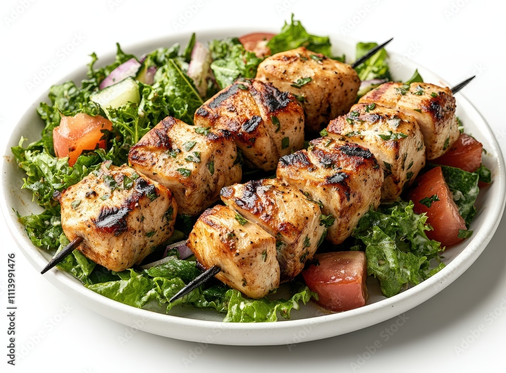 Delicious grilled chicken skewers served atop a fresh, vibrant salad. Perfect for summer meals or BBQs. Delicious grilled chicken skewers served atop a fresh, vibrant salad. Perfect for summer meals or BBQs.