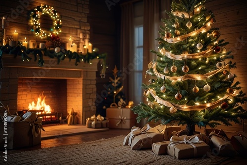 Wallpaper Mural Christmas tree with decoration, hristmas tree pine with gift decoration decor balls garlands new year interior Torontodigital.ca