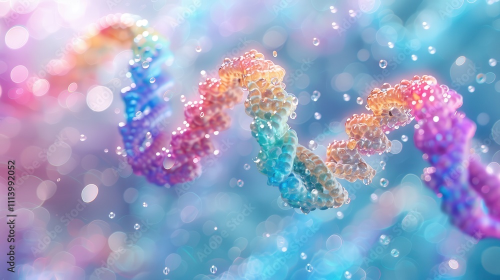 Beautiful spiral of blue DNA double helix with light bokeh and bubbles, gracefully floating on a blue background Beautiful spiral of blue DNA double helix with light bokeh and bubbles, gracefully floating on a blue background