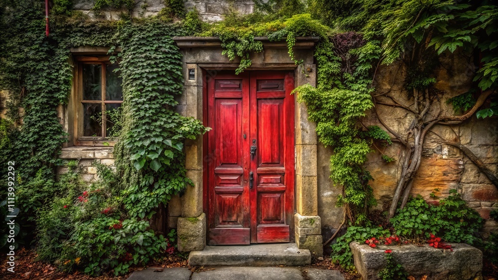 Weathered Wooden Red Door of an Old Mansion Surrounded by Overgrown Ivy and Historic Architecture, Capturing the Essence of Time and Nature's Embrace in Portrait Photography Weathered Wooden Red Door of an Old Mansion Surrounded by Overgrown Ivy and Historic Architecture, Capturing the Essence of Time and Nature's Embrace in Portrait Photography