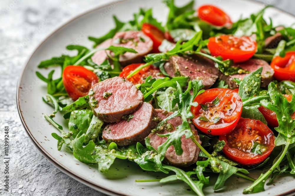 Gourmet salad featuring beef tongue arugula paprika tomatoes and pesto dressing on a white plate Tasty lunch option with fresh meat and vegetables Gourmet salad featuring beef tongue arugula paprika tomatoes and pesto dressing on a white plate Tasty lunch option with fresh meat and vegetables