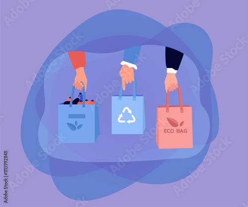 Hands of people holding eco bags or shoppers for groceries. Reusable, organic, ecological bags for food flat vector illustration. Zero waste, shopping concept for banner or landing web page