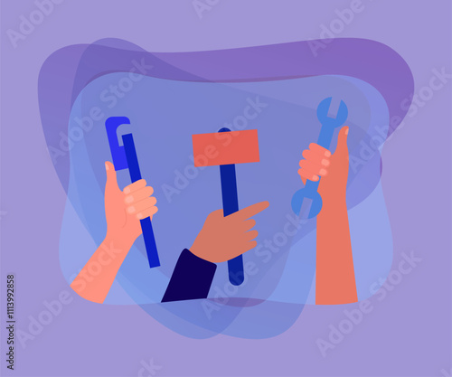 Hands of repair workers holding hammer, spanner and wrench. Work of people with mechanical tools on improvement and building renovation flat vector illustration. Maintenance service, support concept