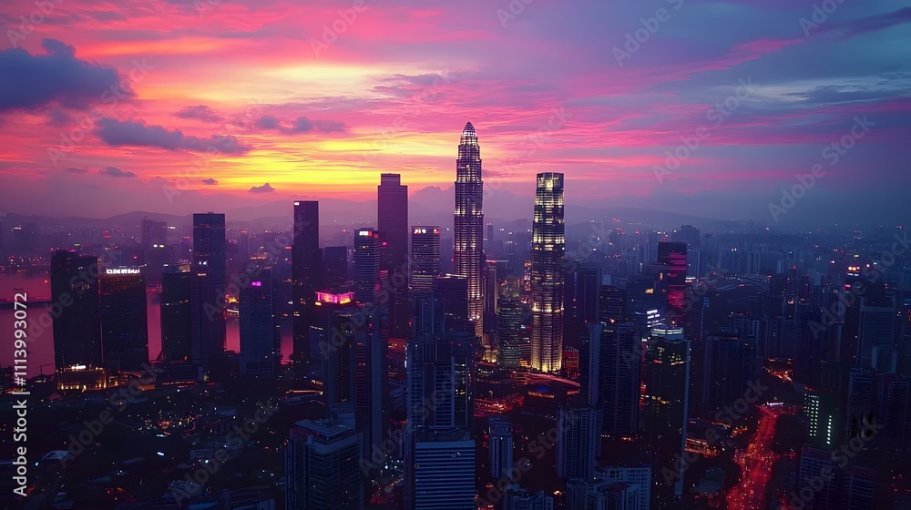Fototapeta premium A cityscape at dusk, skyscrapers illuminated against a vibrant sunset sky.