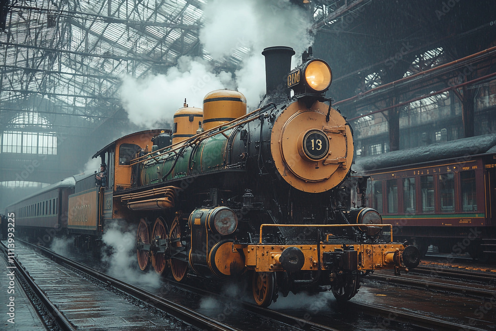 Obraz premium Vintage Steam Locomotive Engine Steaming In A Train Station