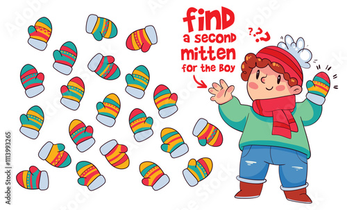 Find two same items. Find a second mitten for the boy. Find other pair. Educational game for kids. Funny cartoon character. Worksheet page. Vector illustration. Isolated on white background