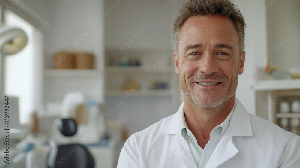 smiling man in a white lab coat is standing in a medical office smiling man in a white lab coat is standing in a medical office
