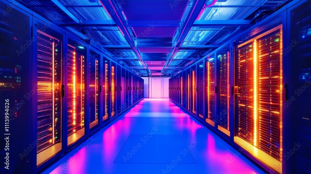 A long row of server racks in a data center, with glowing blue lights. A long row of server racks in a data center, with glowing blue lights.