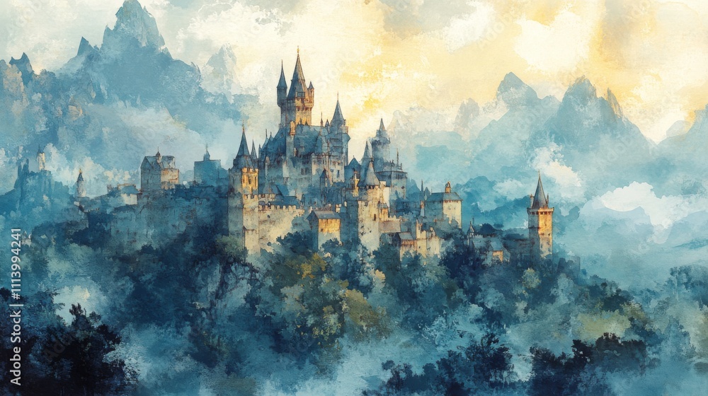Fototapeta premium Majestic Castle in Misty Mountains