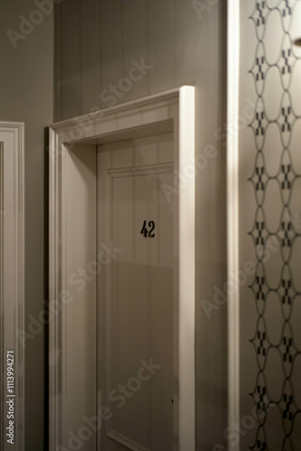 White door numbered 42, seen through a glass panel, Vienna, Austria photo