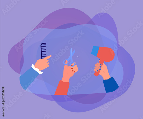Hairdressers hands holding comb, scissors and hairdryer. Female hairstylists cutting hair, making hairstyle and haircut in beauty salon flat vector illustration. Barber service, barbershop concept