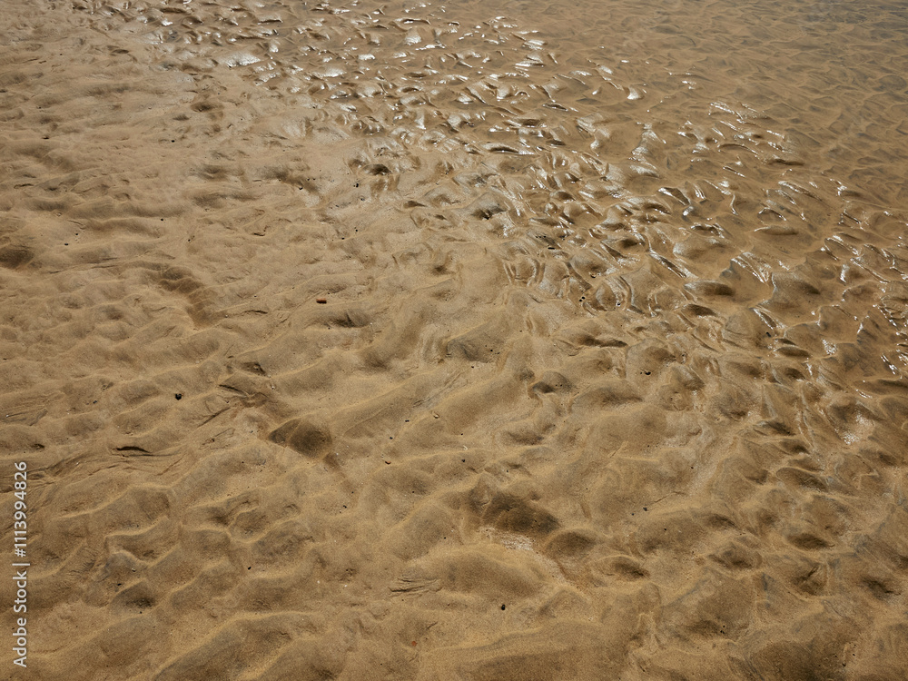 Close-up of a sandy beach with water ripples and shallow pools reflecting light, Fuerteventura, Spain