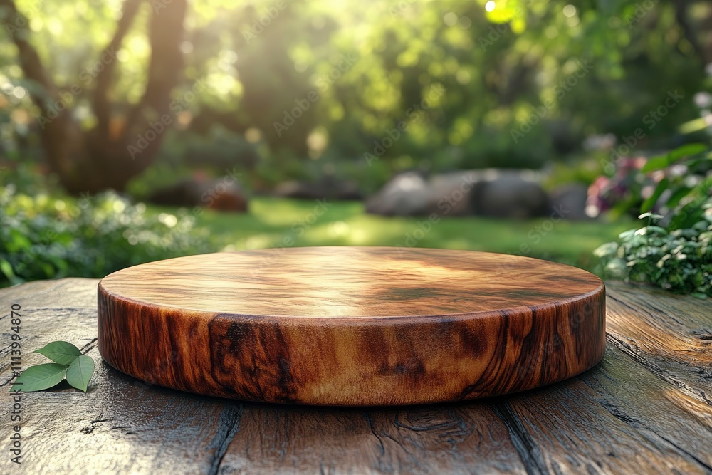Rustic Wooden Round Cutting Board in Sunny Garden Setting Rustic Wooden Round Cutting Board in Sunny Garden Setting