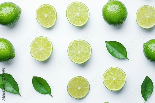 Halved lime with green leaf isolated on white background seen from above