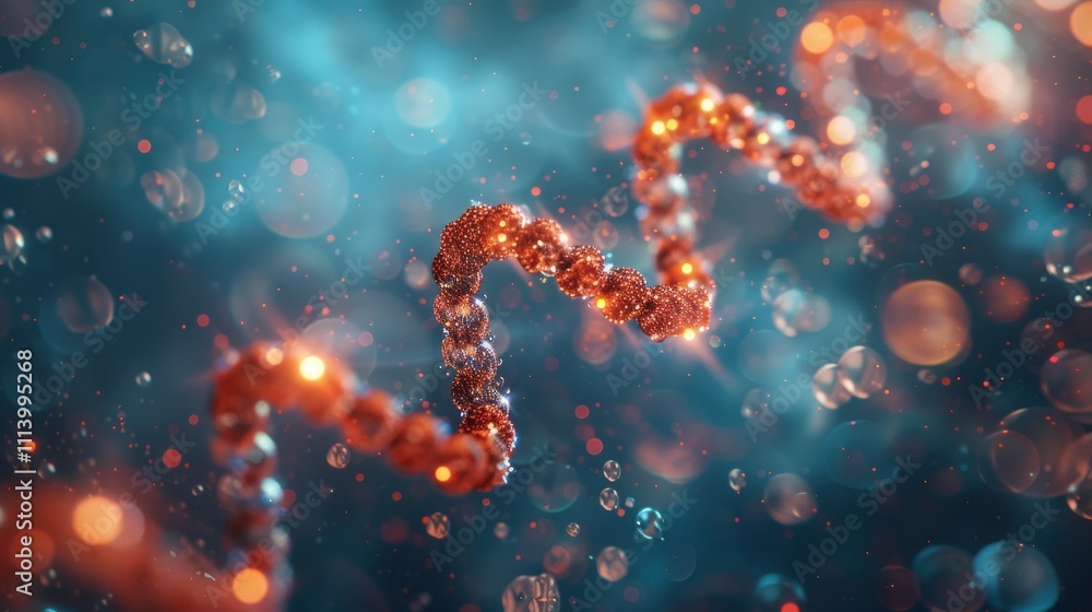 Beautiful spiral of blue DNA double helix with light bokeh and bubbles, gracefully floating on a blue background Beautiful spiral of blue DNA double helix with light bokeh and bubbles, gracefully floating on a blue background