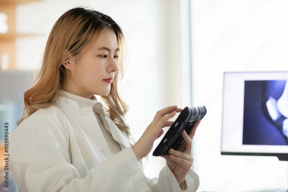 Female scientist examining data in a bright workspace with a computer screen in the background Female scientist examining data in a bright workspace with a computer screen in the background