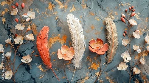 triptych panel wall art, marble background with feather and flower designs, wall decoration
