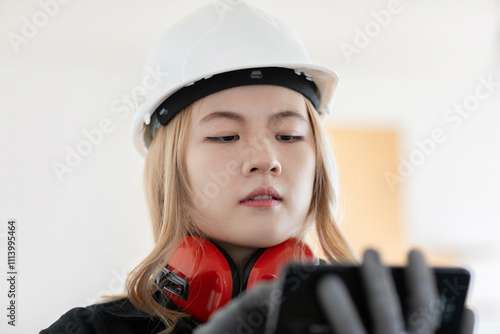 Construction worker in a white hardhat and earmuffs using a smartphone. photo