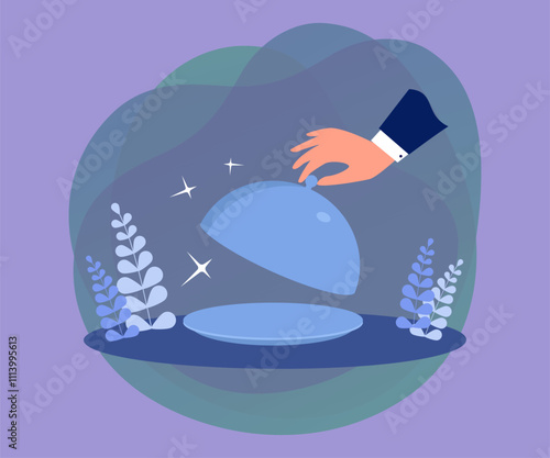 Hand of waiter holding lid from empty tray platter. Male restaurant worker or butler serving gourmet food for breakfast, lunch or dinner flat vector illustration. Luxury service, menu concept