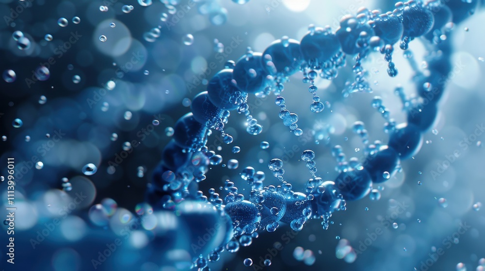 Beautiful spiral of blue DNA double helix with light bokeh and bubbles, gracefully floating on a blue background Beautiful spiral of blue DNA double helix with light bokeh and bubbles, gracefully floating on a blue background