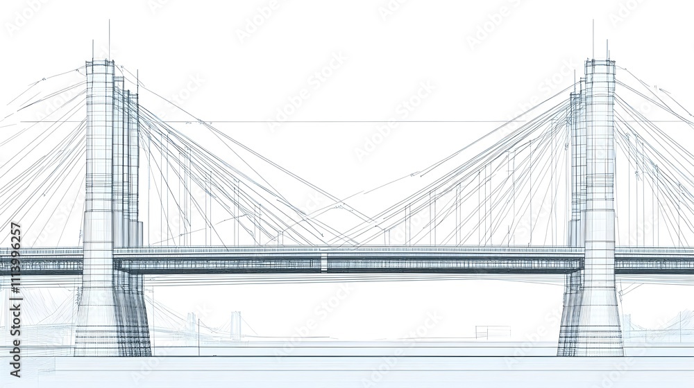Technical CAD line drawing of a suspension bridge, showing the tension cables, towers, and cross-sectional details Technical CAD line drawing of a suspension bridge, showing the tension cables, towers, and cross-sectional details
