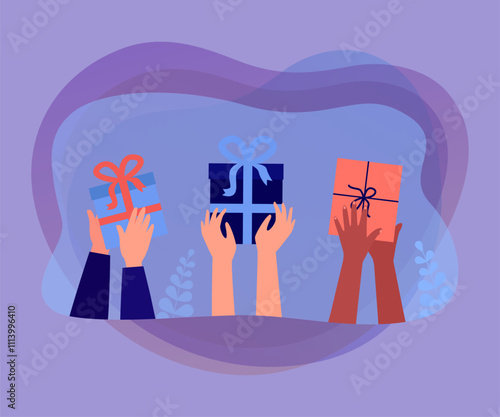 Hands holding gift boxes with ribbon and bow. Surprise holiday presents for people flat vector illustration. Giveaway, secret offer, prize concept for banner, website design or landing web page