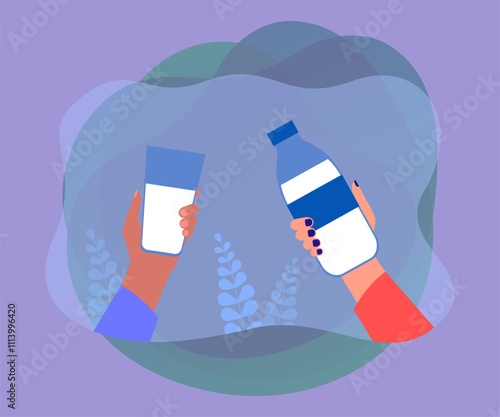Hands holding bottle of milk and glass. Man and woman drinking healthy beverage with vitamins, calcium flat vector illustration. Nutrition, diet concept for banner, website design or landing web page