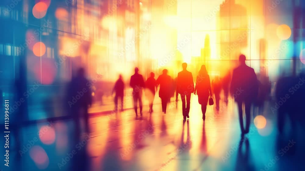 custom made wallpaper toronto digitalIndividuals are seen walking through a bustling urban area as sunlight filters through tall glass buildings at dusk. The atmosphere is vibrant and energetic