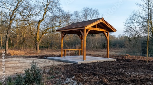 Wooden Gazebo Structure In A Winter Woodland Setting