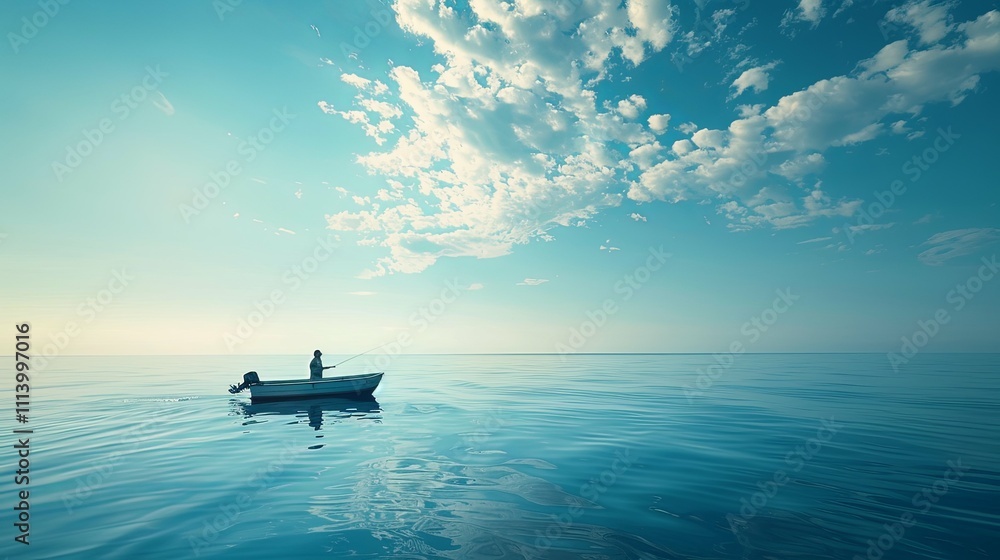 Solitary Fisherman in a Small Boat on a Calm, Azure Sea Under a Cloudy Sky Solitary Fisherman in a Small Boat on a Calm, Azure Sea Under a Cloudy Sky