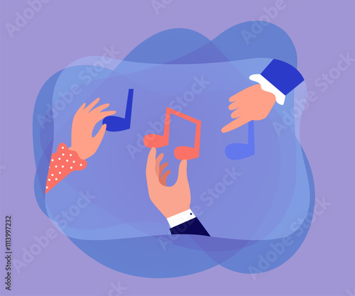 Human hands from artists band holding musical notes together. People performing melody in orchestra flat vector illustration. Music, festival concept for banner, website design or landing web page