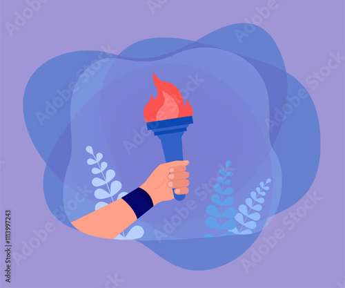 Human hand of leader holding torch stick with burning flame. Person lighting road carrying symbol of triumph and start of sport event flat vector illustration. Olympic Games, leadership concept