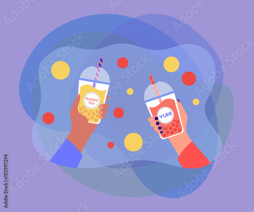 Human hands holding plastic cups with cool bubble tea and straws. Persons enjoying Asian popular sweet boba drink, delicious and cold pearl milk beverage flat vector illustration. Dessert concept