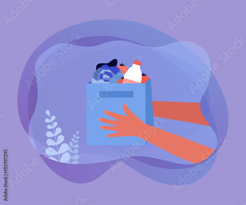 Human hands holding supermarket paper bag with grocery items. Person giving eco package with fresh food from shop, restaurant or market flat vector illustration. Delivery service, order concept