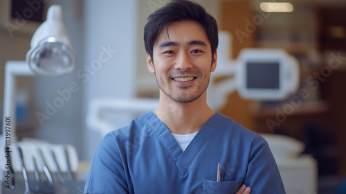 smiling Asian man in a blue scrubs, likely a dentist or dental assistant, in a dental office