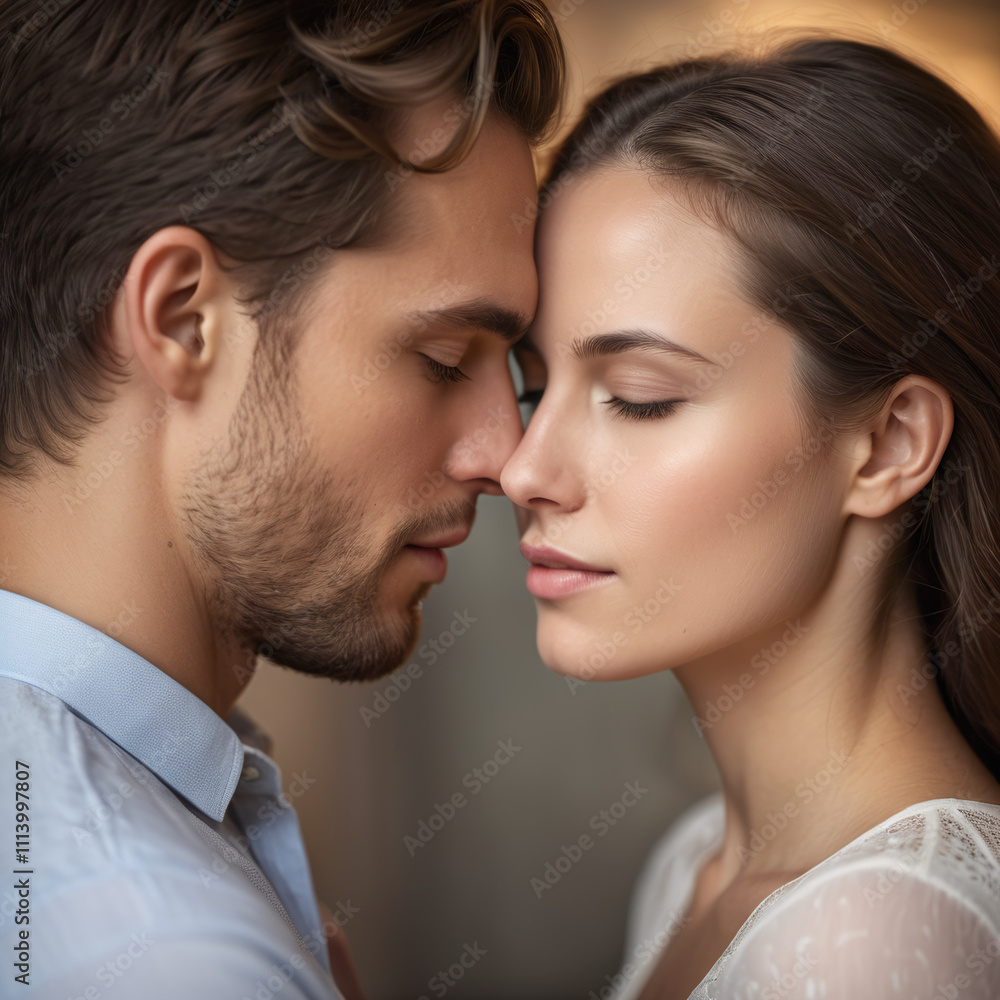 young man and woman, closely face to face with their foreheads gently touching, expressing a serene and intimate connection young man and woman, closely face to face with their foreheads gently touching, expressing a serene and intimate connection