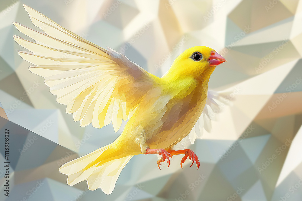 Canary bird spreading wings on low poly structure Canary bird spreading wings on low poly structure