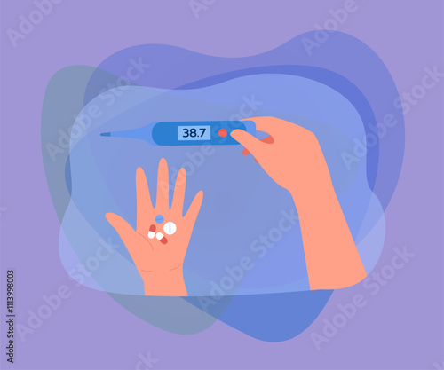 Patients hands holding electronic thermometer and pills. Sick person with high body temperature taking cold and flu medicines flat vector illustration. Pharmacy, medical care and equipment concept