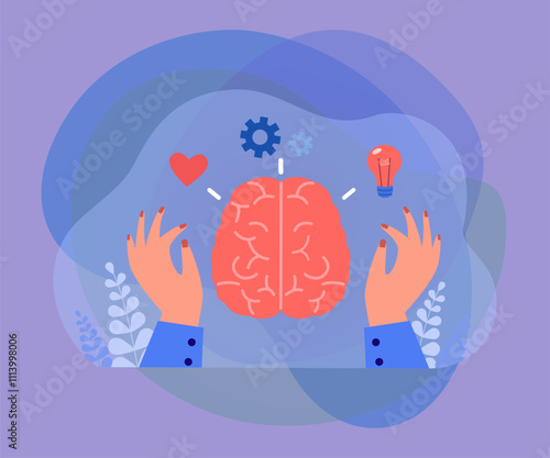 Work of person with rational and feeling side of brain. Hands and abstract head with heart and light bulb flat vector illustration. Psychology concept for banner, website design or landing web page
