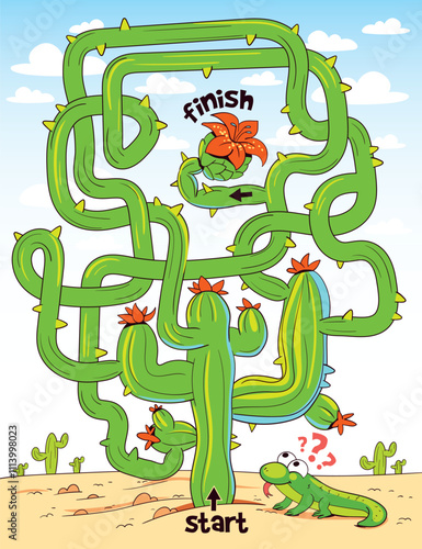 Children logic game to pass the maze. Help the lizard through the cactus maze. Educational game for kids. Choose right path. Funny cartoon character. Worksheet page