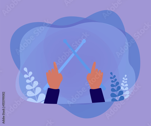 Musicians hands holding crossed drumsticks, top view. Person playing drum with sticks flat vector illustration. Acoustic music, orchestra concept for banner, website design or landing web page