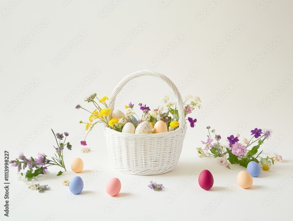 Springtime Easter basket with colorful eggs and wildflowers on white background Springtime Easter basket with colorful eggs and wildflowers on white background