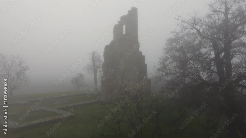 Cinematic drone shot captures the foggy, misty landscape atmosphere surrounding ancient temple ruins. Gothic shadows, timeworn architecture, moody and ethereal scene. Cinematic drone shot captures the foggy, misty landscape atmosphere surrounding ancient temple ruins. Gothic shadows, timeworn architecture, moody and ethereal scene.