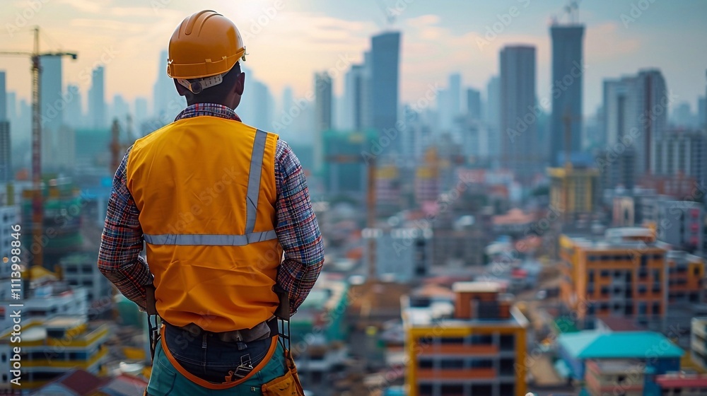 Construction worker wearing safety gear overlooking an development construction site and team outdoor for building project in the background. Engineering, planning and architecture Construction worker wearing safety gear overlooking an development construction site and team outdoor for building project in the background. Engineering, planning and architecture