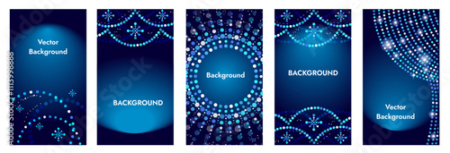 Vector collection of festive blue backgrounds with light decoration. Christmas luxurious banners, story, posters, design templates on social networks with sparkling garlands and snowflakes.