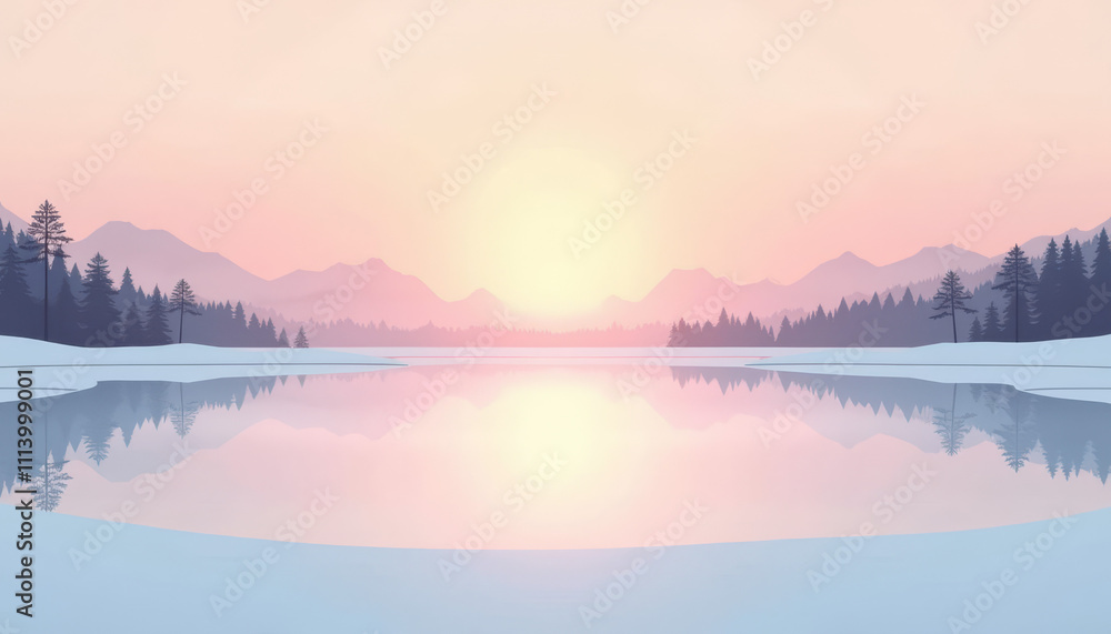 Fototapeta premium Tranquil January sunrise reflecting on a still lake surrounded by snow-capped mountains