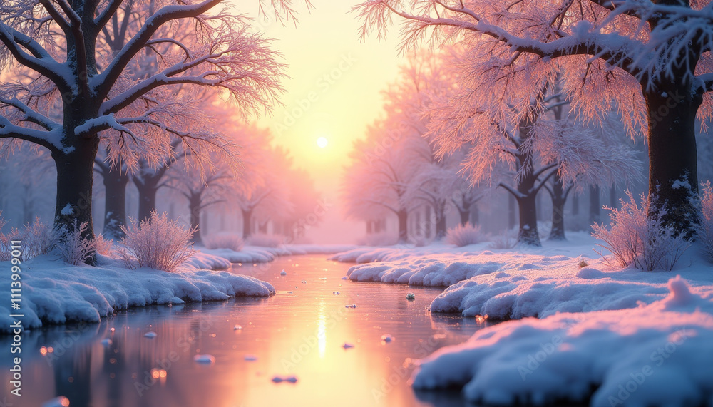 Enchanting January sunrise illuminating a frosty river bordered by snow-laden trees Enchanting January sunrise illuminating a frosty river bordered by snow-laden trees