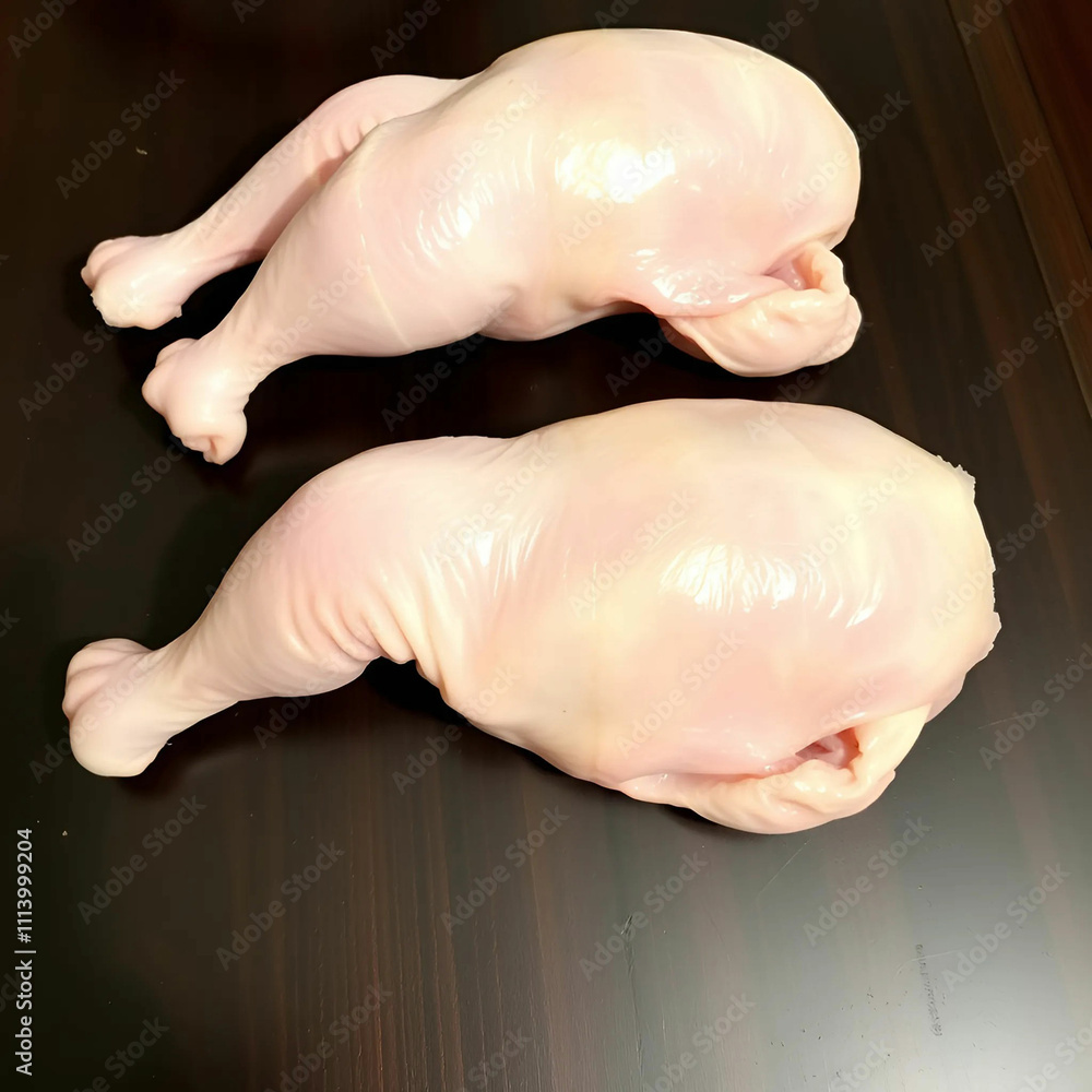 Raw uncooked chicken legs arranged on a dark wooden surface, Raw uncooked chicken legs arranged on a dark wooden surface,