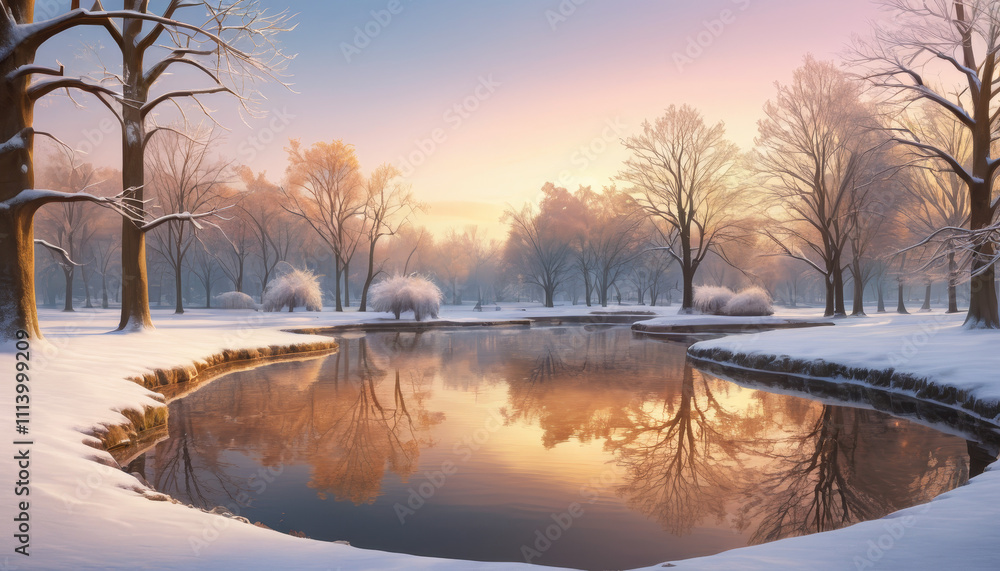 Golden January sunrise reflecting on a still pond nestled among snow-covered trees Golden January sunrise reflecting on a still pond nestled among snow-covered trees