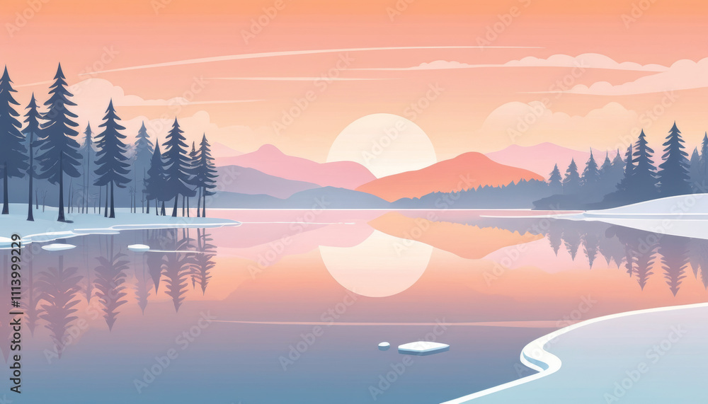 Fototapeta premium Stylized January sunrise reflecting on calm lake surrounded by snowy mountains and trees